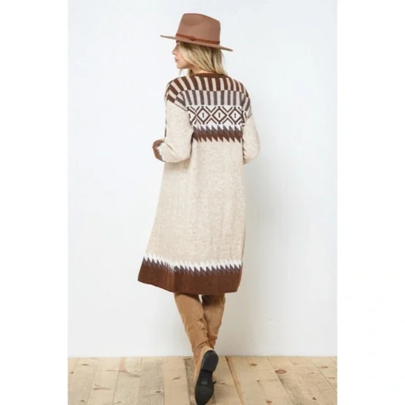 Taupe & Brown Aztec Tribal Western Boho Long Open Knit Cardigan Casual Sweater - Picture 6 of 8